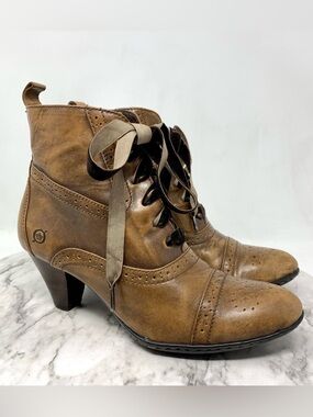 Born Bittersweet Brown Leather Lace-Up Comfort Brogue Ankle Boots 6.5 Victorian